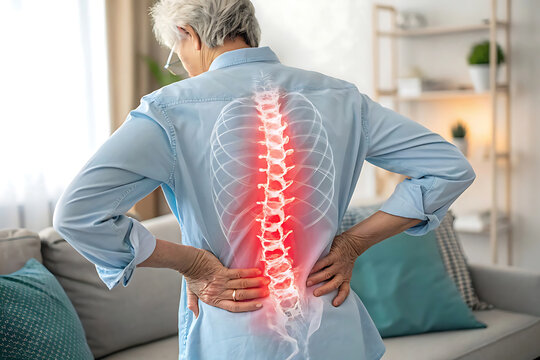 Senior woman experiencing lower back pain, spine highlighted, home setting