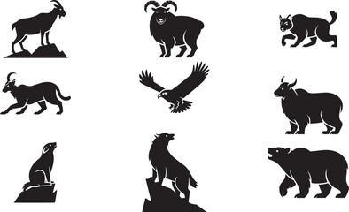 Naklejka premium Nine Black Silhouettes of Wild Animals Mountain Goat Ram Lynx Goat Eagle Yak Hare Wolf Bear on White Background 1