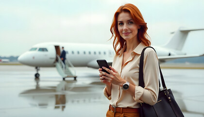 A businesswoman checks her phone by her private jet, ready for travel.