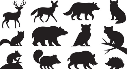 Twelve Black Silhouettes of Forest Animals Deer Bear Fox Owl Wild Boar Hedgehog vector 1