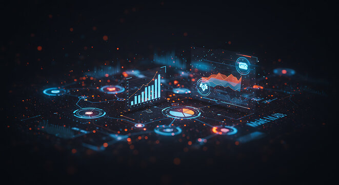 A futuristic 3D data visualization dashboard with glowing holographic charts and graphs on a dark background. Represents big data, analytics, and business intelligence.
