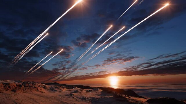 A group of ballistic missiles are launched. Behind them, smoke and fire, white flames, the missiles fly straight into the sky, long streaks of light behind each one. The distant horizon is visible.