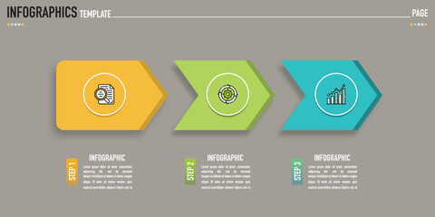 Arrow infographic template or element with 3 step, process, option, colorful rectangle, icons, triangle, paper origami, button, tag, circle, circular, square bar for sale slide, internet planner