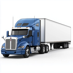 Blue semi truck with trailer front view on white background
