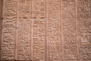Ancient egyptian hieroglyphs carved on the walls of Kom Ombo temple in Aswan, Egypt