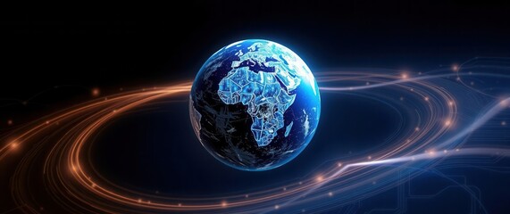 Global Connectivity: A digitally-rendered Earth with glowing networks and lines around it, symbolizing connection.