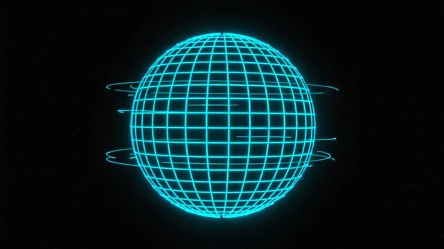 Futuristic glowing blue grid sphere rotating in a dark space with minimal stars in the background