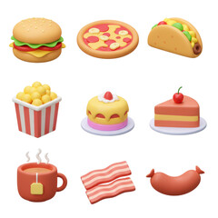 Variety of food including burger, taco, pizza, cupcake, popcorn, and macarons perfect for snack and street food themes isolated on a transparent background, png, cutout