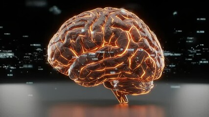 Futuristic glowing brain model with digital connections, set against a dark tech-inspired background - Powered by Adobe