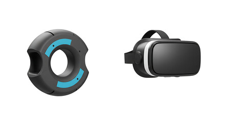 A virtual reality (VR) headset and a single circular controller, isolated on a white background. Represents VR technology, gaming, and immersive equipment.
