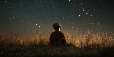 Little boy sitting in the grass stargazing under starry sky. Hobbies and leisure for kids.