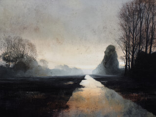 Misty morning fog envelops the geothermal landscape, with steam rising from hot springs and geysers in Yellowstone National Park