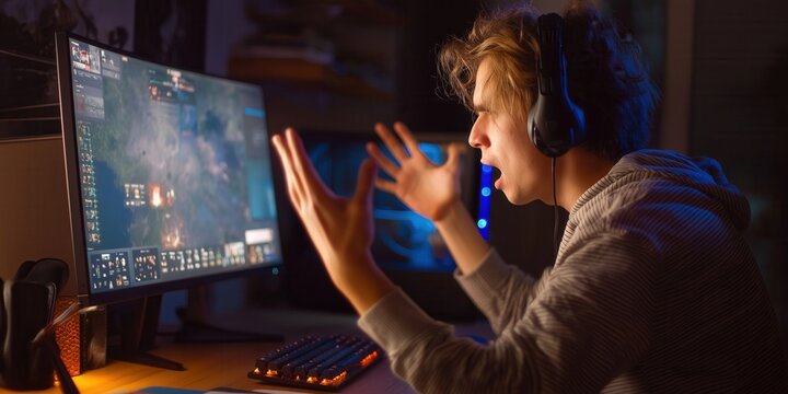 Emotional portrait of teenage boy wearing big headphones playing video game at home. Young teen kid playing a game on his desktop computer. Computer games addiction in children.