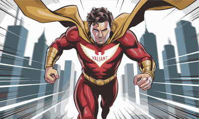 Valiant superhero flying through cityscape