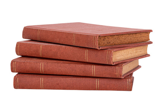 Stack of old red vintage books with worn edges, isolated on white background, representing knowledge, literature, education, and classic archival collections.