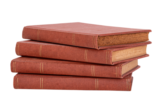 Stack of old red vintage books with worn edges, isolated on white background, representing knowledge, literature, education, and classic archival collections.