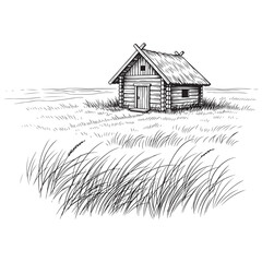 Log Cabin in Tall Grass Field Black and White Drawing