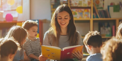 Beautiful professional female teacher of nursery school or kindergarten reading a book to a group of little learners.