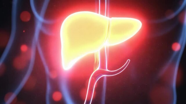 Metabolic disorders concept ,Glowing liver anatomy with highlighted bile duct and blood vessels medical illustration red light