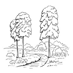 Landscape, forest and meadow. Hand drawn vector illustration.