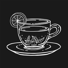 Glass cup of tea, lemon slices, tea leaves. Hand drawn vector illustration in outline style.