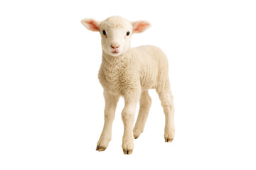 Cute white fluffy lamb with big round eyes, expressing innocence and tenderness, standing out against a isolated on white background. Perfect for designs convey softness, new beginnings, clipping path