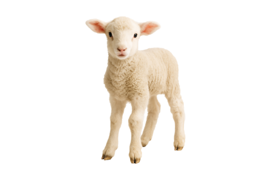 Cute white fluffy lamb with big round eyes, expressing innocence and tenderness, standing out against a isolated on white background. Perfect for designs convey softness, new beginnings, clipping path