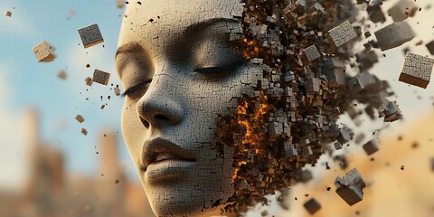 Digital Art Abstract Face Disintegrating into Particles Crumbling Portrait Surreal Artwork Textured Composition