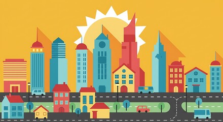 A vibrant illustration showcasing a bustling city scene with a mix of residential houses and towering skyscrapers under a bright, shining sun with long shadows.