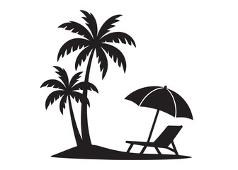 beach chair vector silhouette illustration logo, beach chair logo icon silhouette, tropical beach sunset scene palm trees beach chair and umbrella vector silhouette on white background