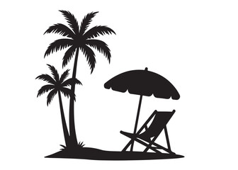 beach chair vector silhouette illustration logo, beach chair logo icon silhouette, tropical beach sunset scene palm trees beach chair and umbrella vector silhouette on white background