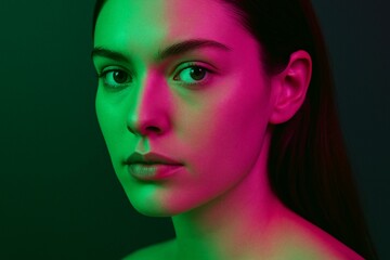 Captivating Portrait of a Woman with Dramatic Green and Pink Lighting