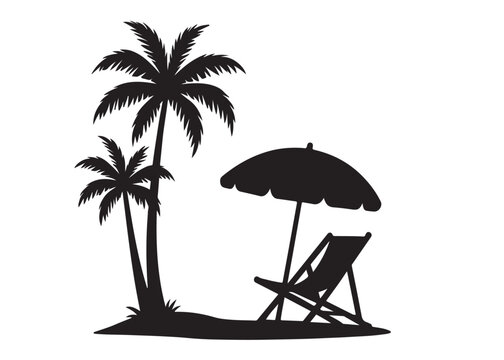 beach chair vector silhouette illustration logo, beach chair logo icon silhouette, tropical beach sunset scene palm trees beach chair and umbrella vector silhouette on white background