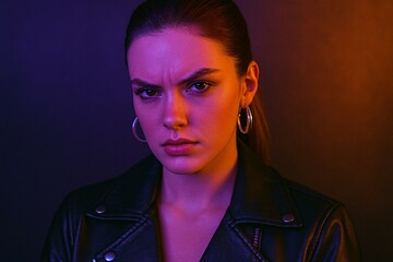 Dramatic Portrait of Woman in Moody Neon Lighting with Intense Expression