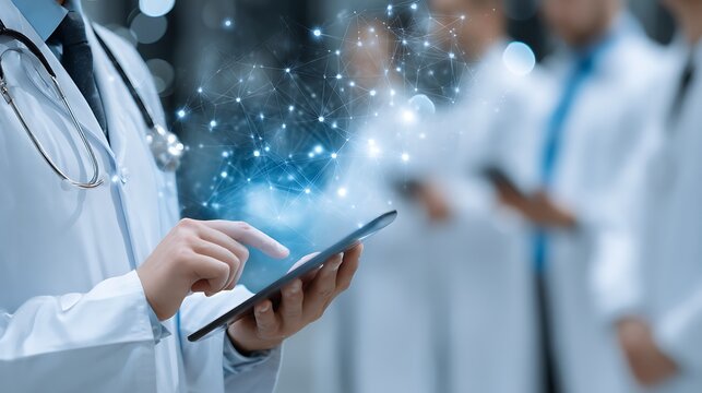 Close up Doctors in the context of medical network connectivity technology, the concept of a digital future and hospital data systems hold small tablets .