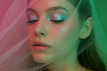 Ethereal Close-Up Portrait with Pink and Green Veil Accentuating Glitter Makeup