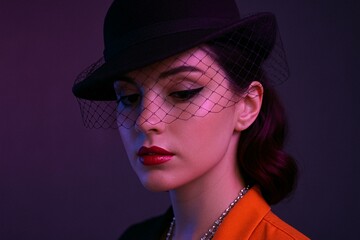 Elegant Vintage Portrait of Woman in Hat with Veil in Dramatic Lighting