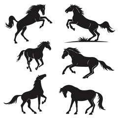 Six Black Horse Silhouettes Various Poses White Background