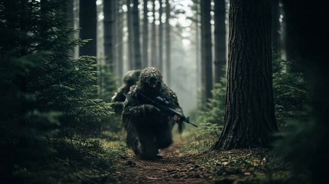 Soldiers in Ghillie Suits Advance Through Forest
