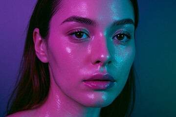 Vibrant Neon-Toned Portrait of a Woman with Dramatic Lighting and Reflective Skin