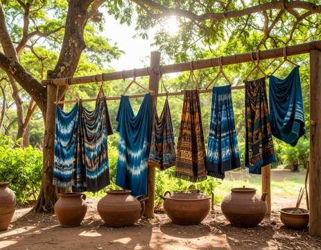 Nigerian adire tie-dye fabric hung from wooden poles near clay pots displayed outdoors under shaded trees.