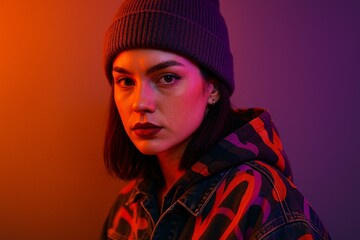 Vibrant Portrait of Woman in Beanie and Jacket with Neon Lighting