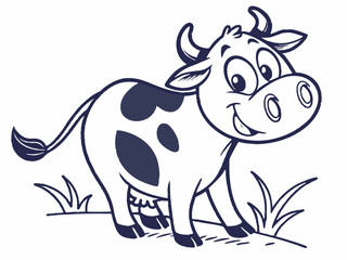 Happy Cartoon Cow with Dark Blue Spots Standing in Grass V E C T O R illustration vector