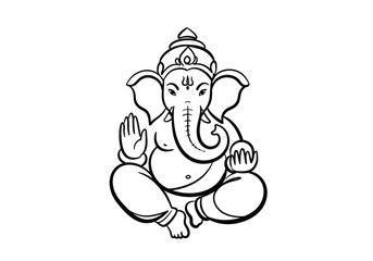 Little ganesha drawing. It is a delightful black and white line art sketch of a seated Ganesha, portraying a youthful and endearing depiction. Vector sketch line art draw.