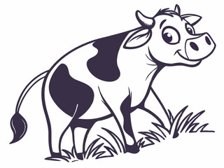 Cartoon Cow Logo Dark Purple and White Spots Standing in Grass V E C T O R vector illustration