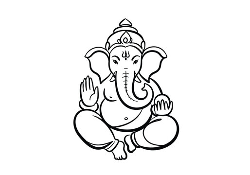 Little ganesha drawing. It is a delightful black and white line art sketch of a seated Ganesha, portraying a youthful and endearing depiction. Vector sketch line art draw.