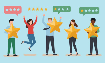  Enthusiastic Customers Celebrating Five-Star Ratings, Showing Positive Feedback and Satisfaction in a Colorful Illustrationflat vector illustration