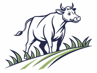Cow Logo Vector Illustration Dark Blue and Olive Green Cow Standing in Grass graphic