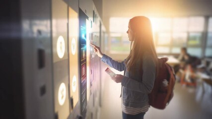 High school student uses smartphone for vending machine payment with animated HUD elements - Powered by Adobe
