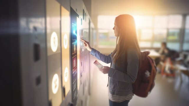 High school student uses smartphone for vending machine payment with animated HUD elements